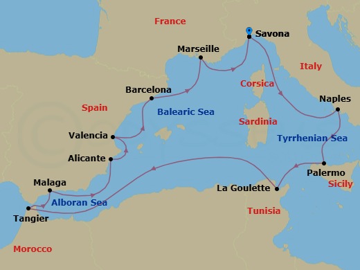 12 Night - Mediterranean Roundtrip from Savona - Costa Pacifica - Starting in Savona, Naples, Palermo, La Goulette (Tunis), Tangier, Malaga, Alicante, Valencia, Barcelona, Marseille, Savona itinerary map