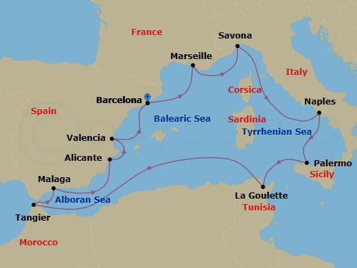12 Night - Southern Europe Roundtrip from Barcelona - Costa Pacifica - Starting in Barcelona, Marseille, Savona, Naples, Palermo, La Goulette (Tunis), Tangier, Malaga, Alicante, Valencia, Barcelona itinerary map