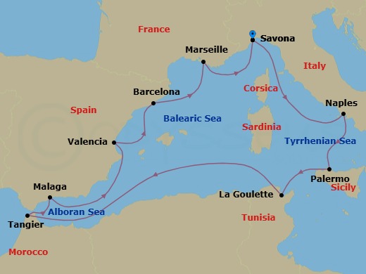 11 Night - Mediterranean Roundtrip from Savona - Costa Pacifica - Starting in Savona, Naples, Palermo, La Goulette (Tunis), Tangier, Malaga, Valencia, Barcelona, Marseille, Savona itinerary map