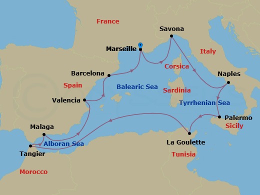 11 Night - Western Mediterranean Roundtrip from Marseille - Costa Pacifica - Starting in Marseille, Savona, Naples, Palermo, La Goulette (Tunis), Tangier, Malaga, Valencia, Barcelona, Marseille itinerary map