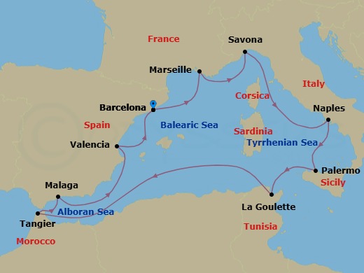 11 Night - Southern Europe Roundtrip from Barcelona - Costa Pacifica - Starting in Barcelona, Marseille, Savona, Naples, Palermo, La Goulette (Tunis), Tangier, Malaga, Valencia, Barcelona itinerary map