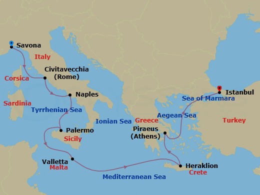 9 Night - Southern Europe from Savona to Istanbul - Costa Pacifica - Starting in Savona, Civitavecchia (Rome), Naples, Palermo, Malta / La Valletta, Heraklion (Crete), Piraeus (Athens), Istanbul itinerary map