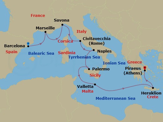 9 Night - Mediterranean from Barcelona to Athens (Piraeus) - Costa Pacifica - Starting in Barcelona, Marseille, Savona, Civitavecchia (Rome), Naples, Palermo, Malta / La Valletta, Heraklion (Crete), Piraeus (Athens) itinerary map