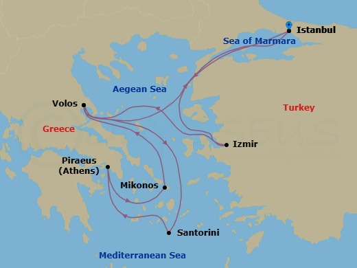 8 Night - Eastern Mediterranean Roundtrip from Istanbul - Costa Pacifica - Starting in Istanbul, Izmir, Volos (Meteora), Thira (Santorini), Piraeus (Athens), Mykonos, Volos (Meteora), Istanbul itinerary map