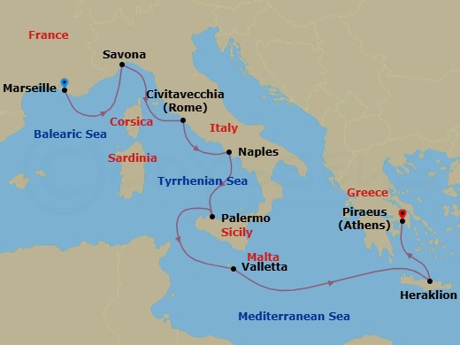 8 Night - Mediterranean from Marseille to Athens (Piraeus) - Costa Pacifica - Starting in Marseille, Savona, Civitavecchia (Rome), Naples, Palermo, Malta / La Valletta, Heraklion (Crete), Piraeus (Athens) itinerary map