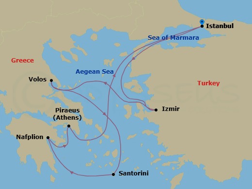 7 Night - Eastern Mediterranean Roundtrip from Istanbul - Costa Pacifica - Starting in Istanbul, Izmir, Volos (Meteora), Thira (Santorini), Nafplion, Piraeus (Athens), Istanbul itinerary map