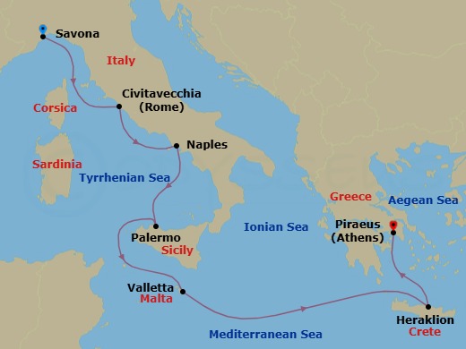 7 Night - Mediterranean from Savona to Athens (Piraeus) - Costa Pacifica - Starting in Savona, Civitavecchia (Rome), Naples, Palermo, Malta / La Valletta, Heraklion (Crete), Piraeus (Athens) itinerary map