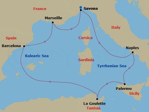 7 Night - Mediterranean Roundtrip from Savona - Costa Pacifica - Starting in Savona, Naples, Palermo, La Goulette (Tunis), Barcelona, Marseille, Savona itinerary map