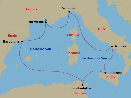 7 Night - Western Mediterranean Roundtrip from Marseille - Costa Pacifica - Starting in Marseille, Savona, Naples, Palermo, La Goulette (Tunis), Barcelona, Marseille itinerary map