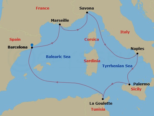 7 Night - Southern Europe Roundtrip from Barcelona - Costa Pacifica - Starting in Barcelona, Marseille, Savona, Naples, Palermo, La Goulette (Tunis), Barcelona itinerary map