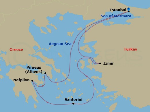 6 Night - Eastern Mediterranean Roundtrip from Istanbul - Costa Pacifica - Starting in Istanbul, Izmir, Thira (Santorini), Nafplion, Piraeus (Athens), Istanbul itinerary map