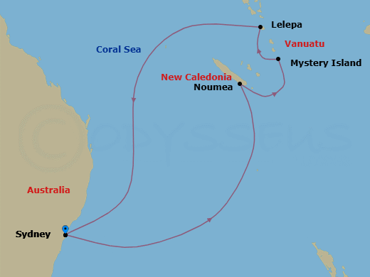 9 Night - Royal Beach Club Lelepa & South Pac - Anthem of the Seas - Starting in Sydney AU, Noumea, New Caledonia, Mystery Island, Vanuatu, Royal Beach Club Lelepa, Sydney AU itinerary map