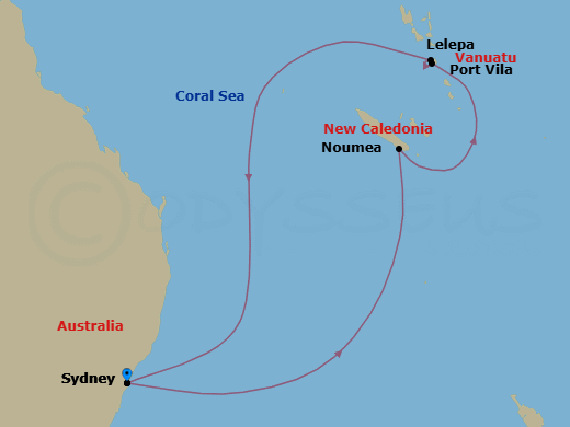 9 Night - Royal Beach Club Lelepa & South Pac - Anthem of the Seas - Starting in Sydney AU, Noumea, New Caledonia, Vila, Vanuatu, Royal Beach Club Lelepa, Sydney AU itinerary map