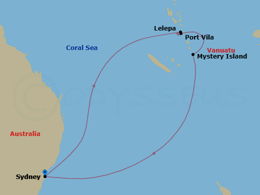 9 Night - Royal Beach Club Lelepa & South Pac - Anthem of the Seas - Starting in Sydney AU, Royal Beach Club Lelepa, Vila, Vanuatu, Mystery Island, Vanuatu, Sydney AU itinerary map