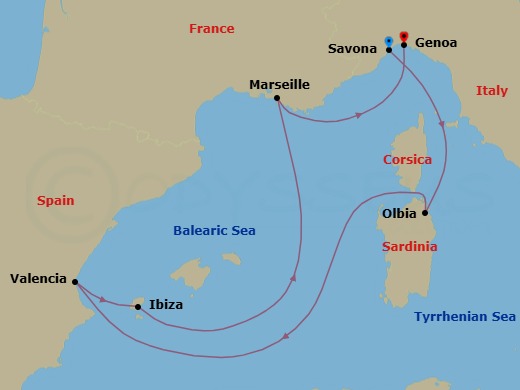7 Night - Europe from Savona to Genoa - Costa Fascinosa - Starting in Savona, Olbia (costa Smeralda), Valencia, Ibiza, Marseille, Genoa (Portofino) itinerary map