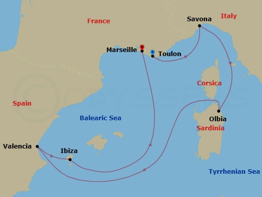 7 Night - Mediterranean from Toulon to Marseille - Costa Fascinosa - Starting in La Seyne (St Tropez), Savona, Olbia (costa Smeralda), Valencia, Ibiza, Marseille itinerary map