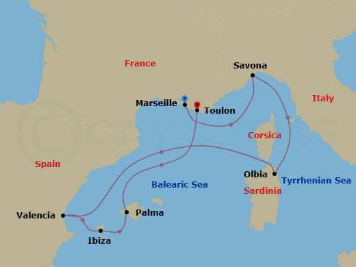 7 Night - Mediterranean from Marseille to Toulon - Costa Fascinosa - Starting in Marseille, Savona, Olbia (costa Smeralda), Valencia, Ibiza, Palma De Mallorca, La Seyne (St Tropez) itinerary map