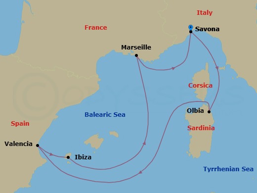 7 Night - Mediterranean Roundtrip from Savona - Costa Fascinosa - Starting in Savona, Olbia (costa Smeralda), Valencia, Ibiza, Marseille, Savona itinerary map