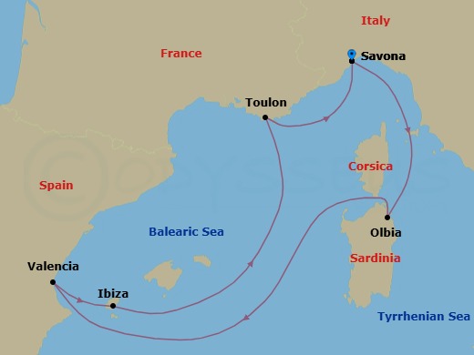7 Night - Mediterranean Roundtrip from Savona - Costa Fascinosa - Starting in Savona, Olbia (costa Smeralda), Valencia, Ibiza, La Seyne (St Tropez), Savona itinerary map