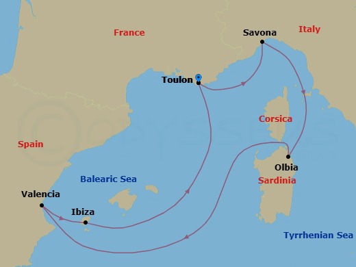 7 Night - Mediterranean Roundtrip from Toulon - Costa Fascinosa - Starting in La Seyne (St Tropez), Savona, Olbia (costa Smeralda), Valencia, Ibiza, La Seyne (St Tropez) itinerary map