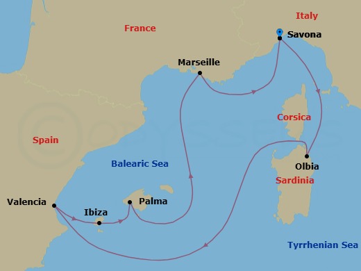 7 Night - Mediterranean Roundtrip from Savona - Costa Fascinosa - Starting in Savona, Olbia (costa Smeralda), Valencia, Ibiza, Palma De Mallorca, Marseille, Savona itinerary map
