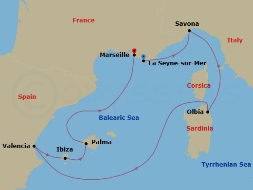 7 Night - Mediterranean from Toulon to Marseille - Costa Fascinosa - Starting in La Seyne (St Tropez), Savona, Olbia (costa Smeralda), Valencia, Ibiza, Palma De Mallorca, Marseille itinerary map