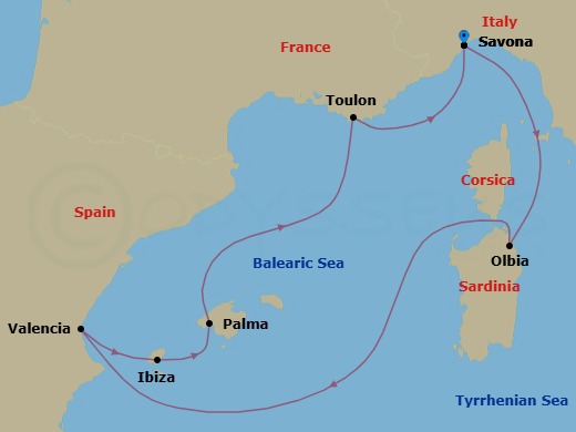 7 Night - Mediterranean Roundtrip from Savona - Costa Fascinosa - Starting in Savona, Olbia (costa Smeralda), Valencia, Ibiza, Palma De Mallorca, La Seyne (St Tropez), Savona itinerary map
