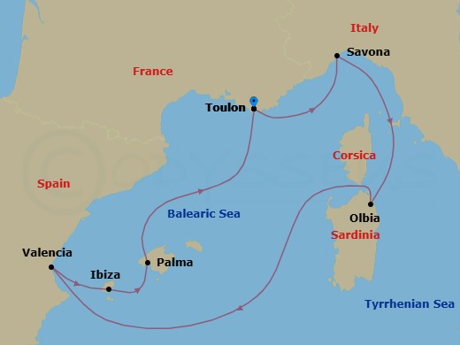 7 Night - Mediterranean Roundtrip from Toulon - Costa Fascinosa - Starting in La Seyne (St Tropez), Savona, Olbia (costa Smeralda), Valencia, Ibiza, Palma De Mallorca, La Seyne (St Tropez) itinerary map