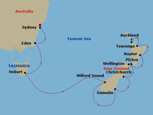 15 Night - New Zealand & Australia Cruise : Auckland, Napier & Sydney - Azamara Onward - Starting in Auckland, Tauranga, Napier, Wellington, Picton, Christchurch, Dunedin, Milford Sound, Hobart, Tasmania, Eden, Sydney AU itinerary map