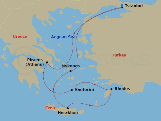 7 Night - Eastern Mediterranean Roundtrip from Istanbul - Costa Pacifica - Starting in Istanbul, Mykonos, Heraklion (Crete), Rhodes, Thira (Santorini), Piraeus (Athens), Istanbul itinerary map