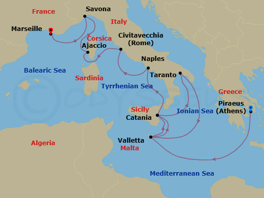 12 Night - Western Mediterranean from Athens (Pireo) - Costa Serena - Starting in Piraeus (Athens), Malta / La Valletta, Catania, Taranto, Malta / La Valletta, Catania, Naples, Civitavecchia (Rome), Ajaccio (Corsica), Savona, Marseille itinerary map