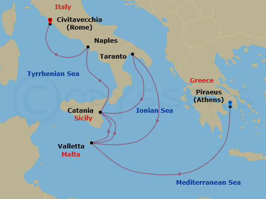 9 Night - Western Mediterranean from Athens (Pireo) - Costa Serena - Starting in Piraeus (Athens), Malta / La Valletta, Catania, Taranto, Malta / La Valletta, Catania, Naples, Civitavecchia (Rome) itinerary map