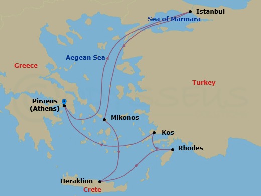 7 Night - Eastern Mediterranean from Athens (Pireo) - Costa Pacifica - Starting in Piraeus (Athens), Istanbul, Mykonos, Heraklion (Crete), Rhodes, Kos, Piraeus (Athens) itinerary map