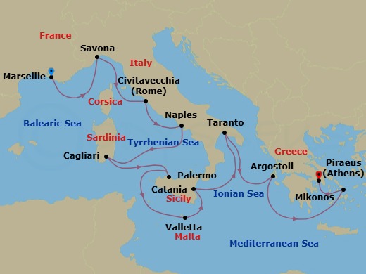 11 Night - Mediterranean from Marseille to Athens (Piraeus) - Costa Serena - Starting in Marseille, Savona, Civitavecchia (Rome), Naples, Cagliari, Palermo, Malta / La Valletta, Catania, Taranto, Argostoli (Cephalonia), Mykonos, Piraeus (Athens) itinerary map
