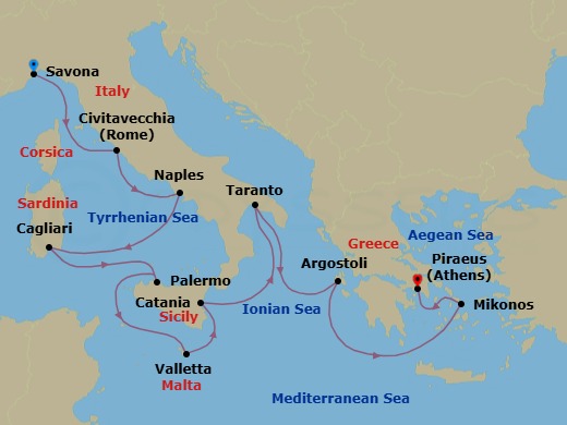 10 Night - Mediterranean from Savona to Athens (Piraeus) - Costa Serena - Starting in Savona, Civitavecchia (Rome), Naples, Cagliari, Palermo, Malta / La Valletta, Catania, Taranto, Argostoli (Cephalonia), Mykonos, Piraeus (Athens) itinerary map