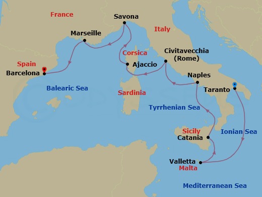 9 Night - Southern Europe from Taranto to Barcelona - Costa Serena - Starting in Taranto, Malta / La Valletta, Catania, Naples, Civitavecchia (Rome), Ajaccio (Corsica), Savona, Marseille, Barcelona itinerary map