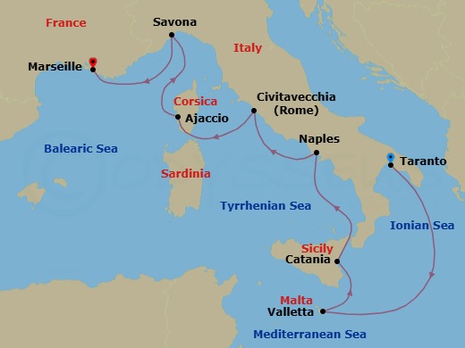 8 Night - Western Mediterranean from Taranto to Marseille - Costa Serena - Starting in Taranto, Malta / La Valletta, Catania, Naples, Civitavecchia (Rome), Ajaccio (Corsica), Savona, Marseille itinerary map