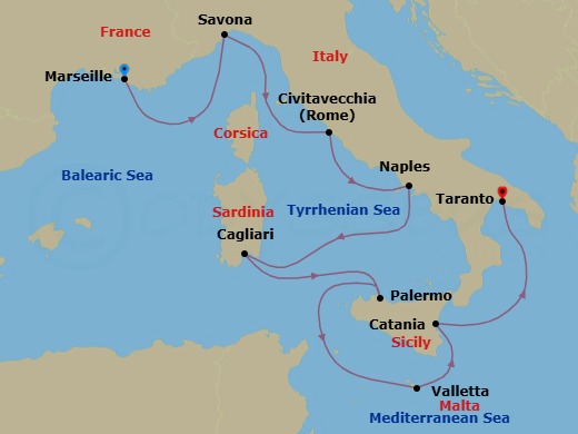 8 Night - Southern Europe from Marseille to Taranto - Costa Serena - Starting in Marseille, Savona, Civitavecchia (Rome), Naples, Cagliari, Palermo, Malta / La Valletta, Catania, Taranto itinerary map