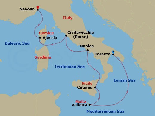 7 Night - Europe from Taranto to Savona - Costa Serena - Starting in Taranto, Malta / La Valletta, Catania, Naples, Civitavecchia (Rome), Ajaccio (Corsica), Savona itinerary map