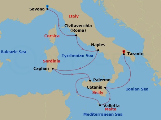7 Night - Europe from Savona to Taranto - Costa Serena - Starting in Savona, Civitavecchia (Rome), Naples, Cagliari, Palermo, Malta / La Valletta, Catania, Taranto itinerary map