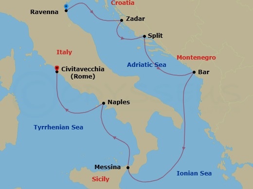 7 Night - Italy & Croatia Cruise - Explorer of the Seas - Starting in Ravenna, Italy, Zadar, Croatia, Split, Croatia, Montenegro, Sicily (Messina), Italy, Naples, Italy, Rome (Civitavecchia), Italy itinerary map