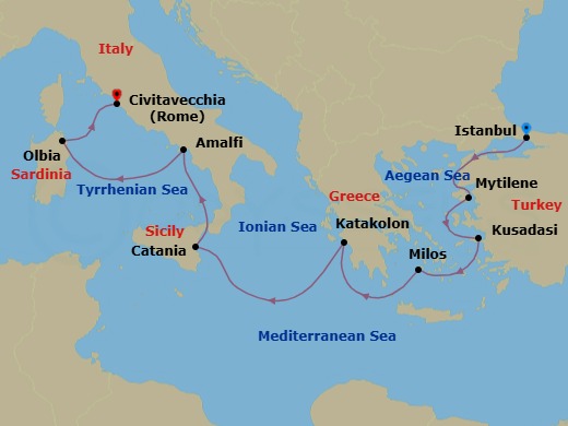 9 Night - Alluring Ancient Ruins - Oceania Sirena - Starting in Istanbul, Mitilini (Lesbos), Ephesus (Kusadasi), Milos, Katakolon, Catania (Sicily), Amalfi / Positano, Olbia / Porto Cervo (Sardinia), Rome (Civitavecchia) itinerary map