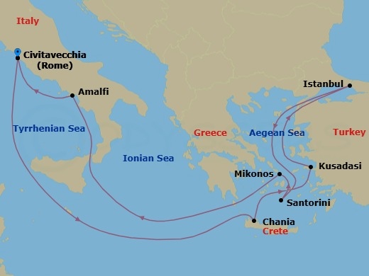 11 Night - Greece, Turkey & Italy Cruise - Celebrity Ascent - Starting in Rome (Civitavecchia), Italy, Chania (Souda), Crete, Greece, Ephesus (Kusadasi), Turkey, Istanbul, Turkey, Santorini, Greece, Mykonos, Greece, Amalfi Coast (Salerno), Italy, Rome (Civitavecchia), Italy itinerary map