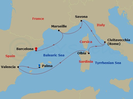 7 Night - Western Mediterranean from Palma De Mallorca - Costa Pacifica - Starting in Palma De Mallorca, Valencia, Olbia (costa Smeralda), Civitavecchia (Rome), Savona, Marseille, Barcelona itinerary map