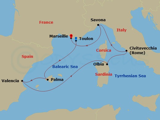 7 Night - Western Mediterranean from Toulon- La Seyne Sur Mer - Costa Pacifica - Starting in La Seyne (St Tropez), Palma De Mallorca, Valencia, Olbia (costa Smeralda), Civitavecchia (Rome), Savona, Marseille itinerary map