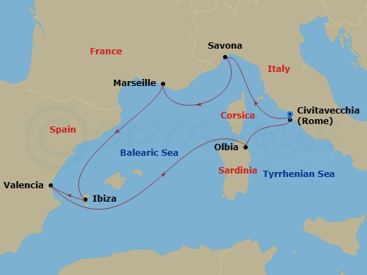7 Night - Western Mediterranean from Civitavecchia - Costa Pacifica - Starting in Civitavecchia (Rome), Savona, Marseille, Ibiza, Valencia, Olbia (costa Smeralda), Civitavecchia (Rome) itinerary map