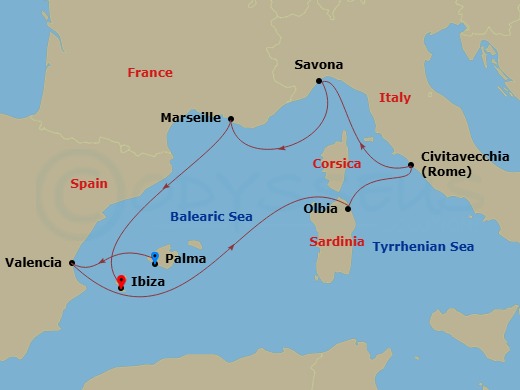 7 Night - Western Mediterranean from Palma De Mallorca - Costa Pacifica - Starting in Palma De Mallorca, Valencia, Olbia (costa Smeralda), Civitavecchia (Rome), Savona, Marseille, Ibiza itinerary map