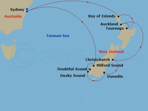 12 Night - New Zealand Cruise - Celebrity Edge - Starting in Sydney AU, Milford Sound, New Zealand, Doubtful Sound, Dusky Sound, Dunedin, New Zealand, Christchurch, New Zealand, Auckland, New Zealand, Tauranga, New Zealand, Bay of Islands, New Zealand, Sydney AU itinerary map