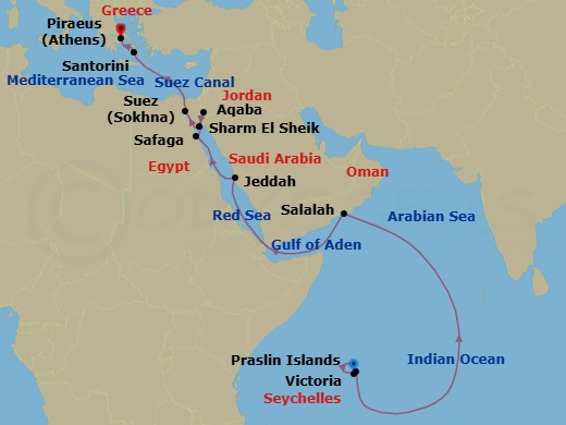 21 Night - Sultans, Pharaohs & Empires : Oman, Saudi Arabia, Egypt, Jordan, and Greece - Atlas Adventurer - Starting in Victoria SC (Mahe), Praslin, Indian Ocean Scenic Navigation, Salalah, Arabian Sea Scenic Navigation, Jeddah, Red Sea Scenic Navigation, Safaga (Luxor), Aqaba, Sharm El-Sheikh, Ain Sokhna (Cairo), Suez Canal (Transit), Mediterranean Sea Scenic Navigation, Santorini, Piraeus (Athens) itinerary map