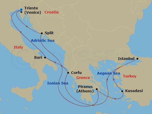 9 Night - Mediterranean - MSC Seaview - Starting in Trieste (Venice), Italy, Split, Croatia, Piraeus (Athens), Greece, Kusadasi, Turkey, Istanbul, Turkey, Corfu, Greece, Bari, Italy, Trieste (Venice), Italy itinerary map